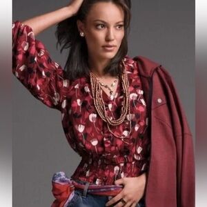 Cabi Corsage Blouse with Bishop Sleeves and Smocking at Waist